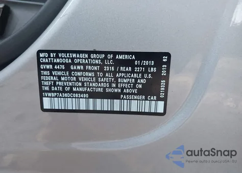 2013 Volkswagen Passat 2.5L Se z USA, uszkodzony, nr VIN 1VWBP7A36DC083490